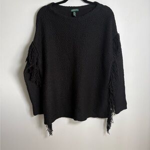 Lauren Ralph Lauren Fringe Sweater S/M Black Boho Western Knit